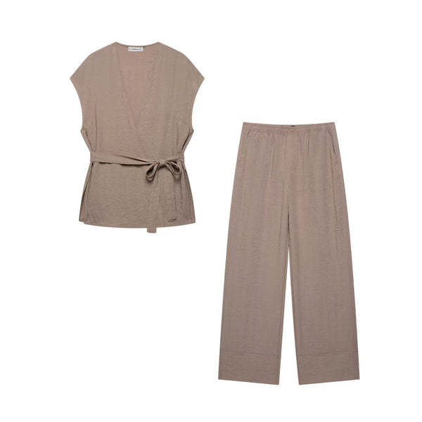 Kimono style vest top+flared pants set for women
