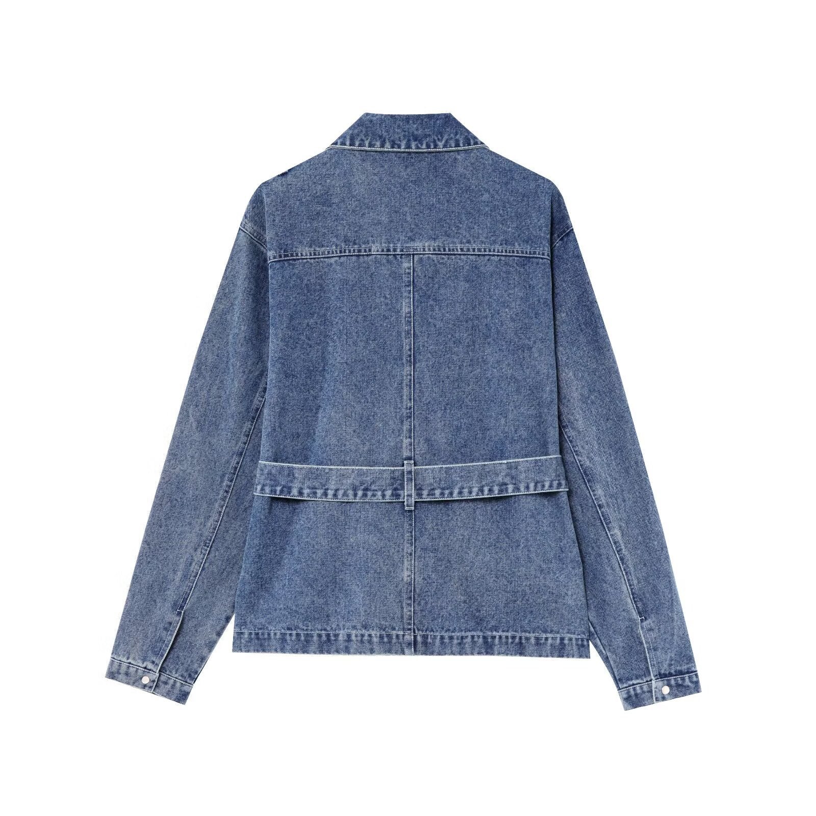 Waist tied long sleeved denim jacket top for women