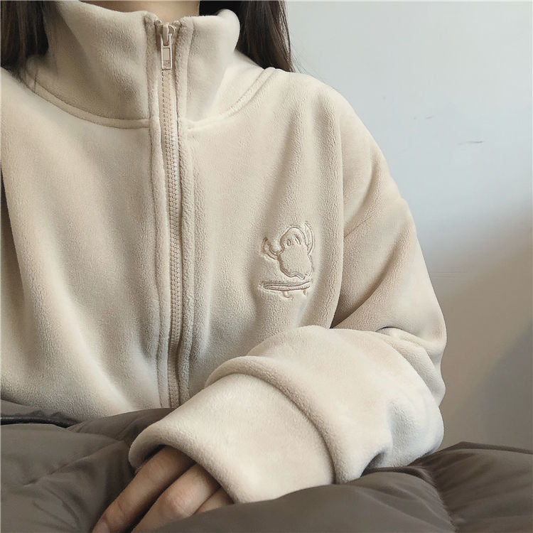 Double sided fleece jacket for women autumn and winter semi high neck zipper cardigan hoodie for women
