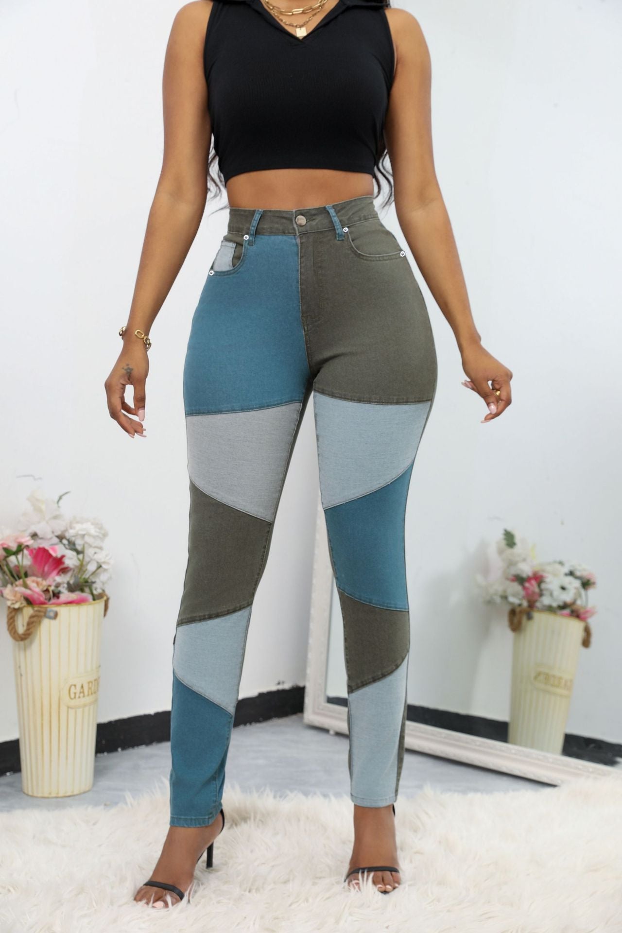 Autumn new blue and black two-color splicing trendy cotton washed denim high waisted plus size women's clothing
