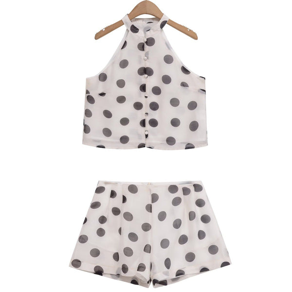 Polka dot neck top+polka dot skirt and pants set for women