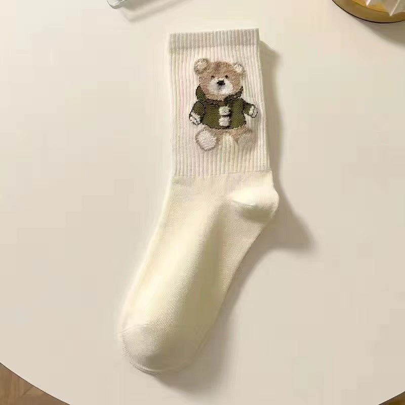 Little Bear Socks, Children's Middle Socks, Spring and Autumn Ins Trendy, Cute, Versatile, Fresh Japanese Coffee Color, Outerwear Long Socks, Autumn a