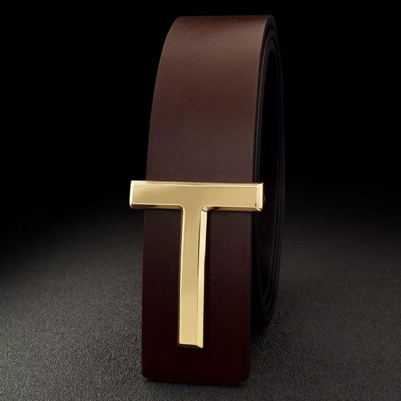 Leather belt, smooth buckle, fashionable and versatile T-buckle belt, men's 3.8CM men's belt