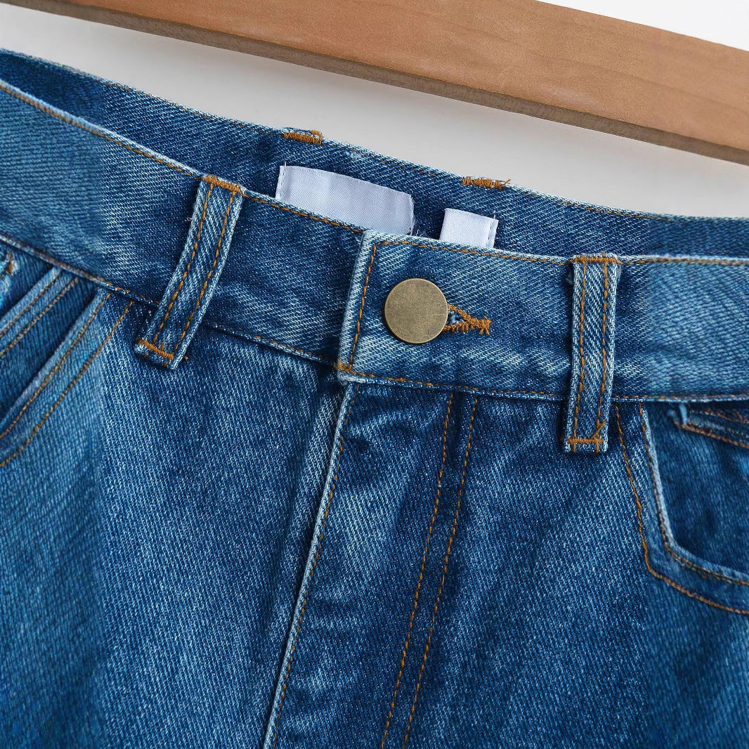 Hairy edge A-line denim skirt half skirt for women