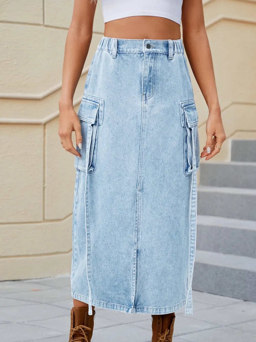 Water washed elastic waistband headband workwear half skirt trendy