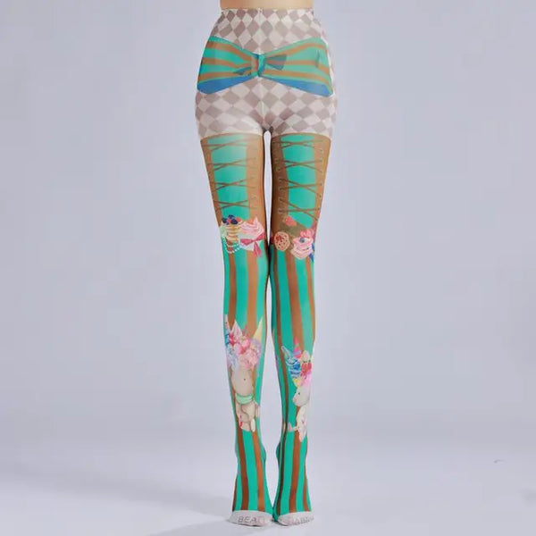 Cake ice cream printed pantyhose with striped checkered pattern as a base sock