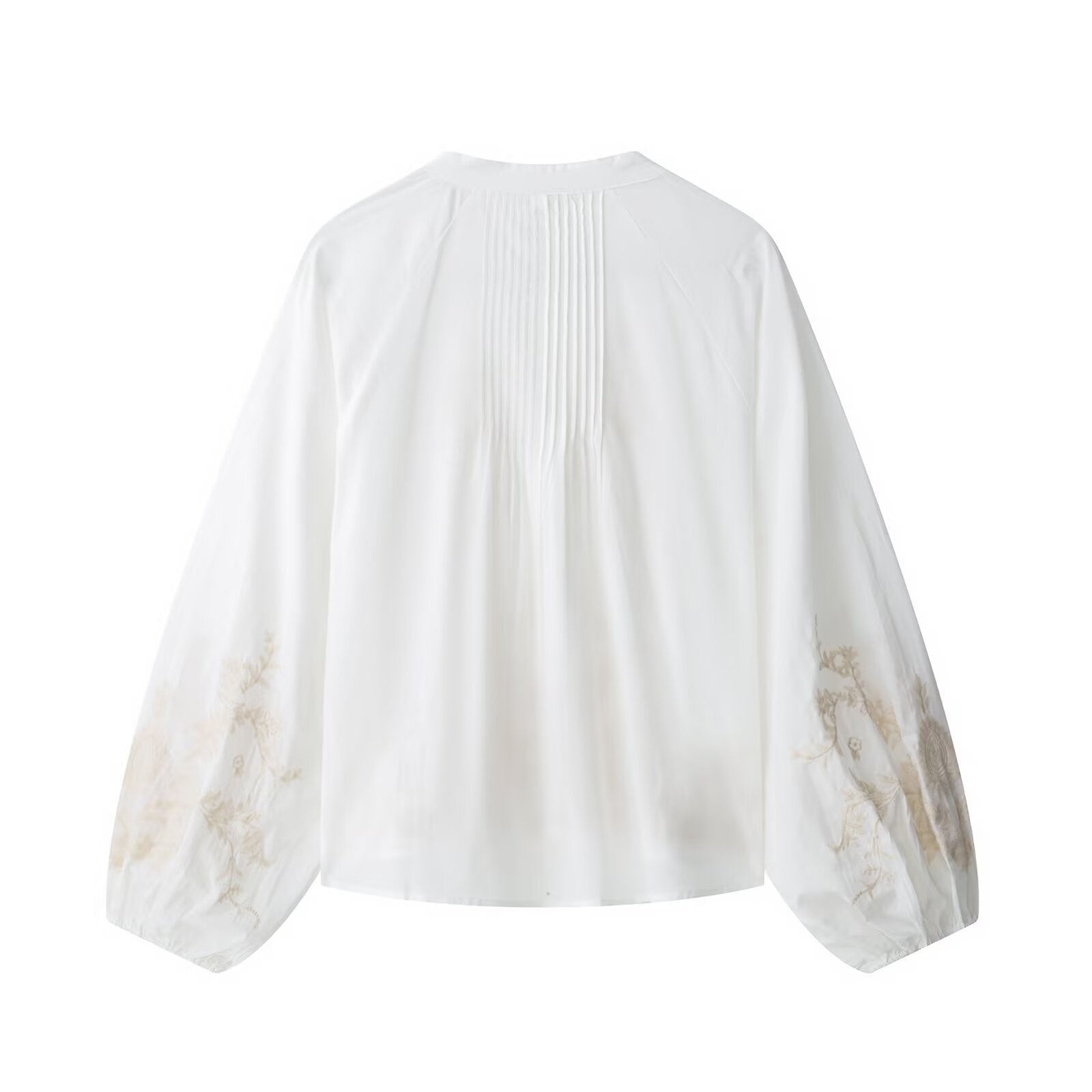 Women's European and American style V-neck long sleeved embroidered floral pleated shirt top