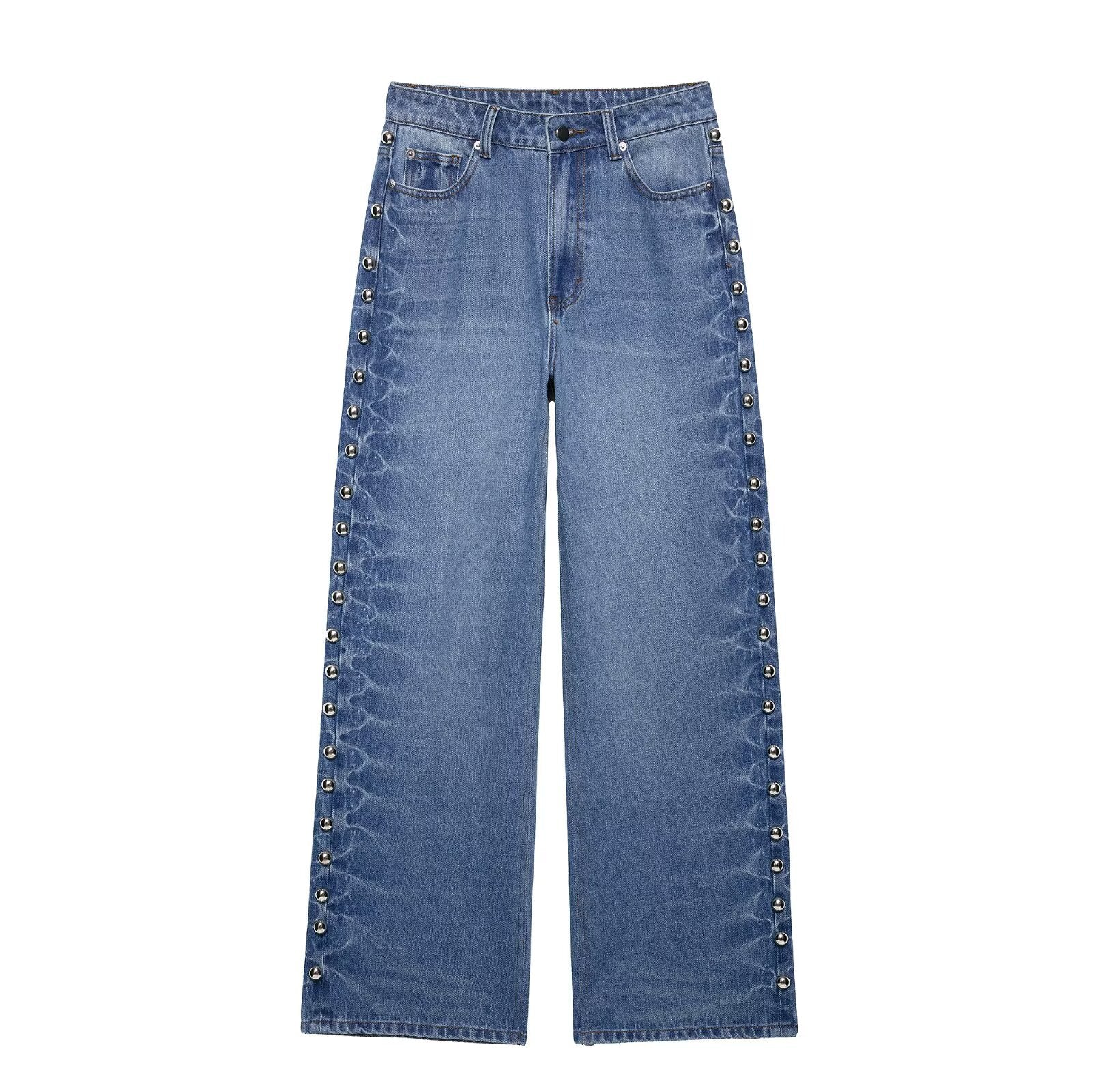 Side bead rivet decoration jeans for women