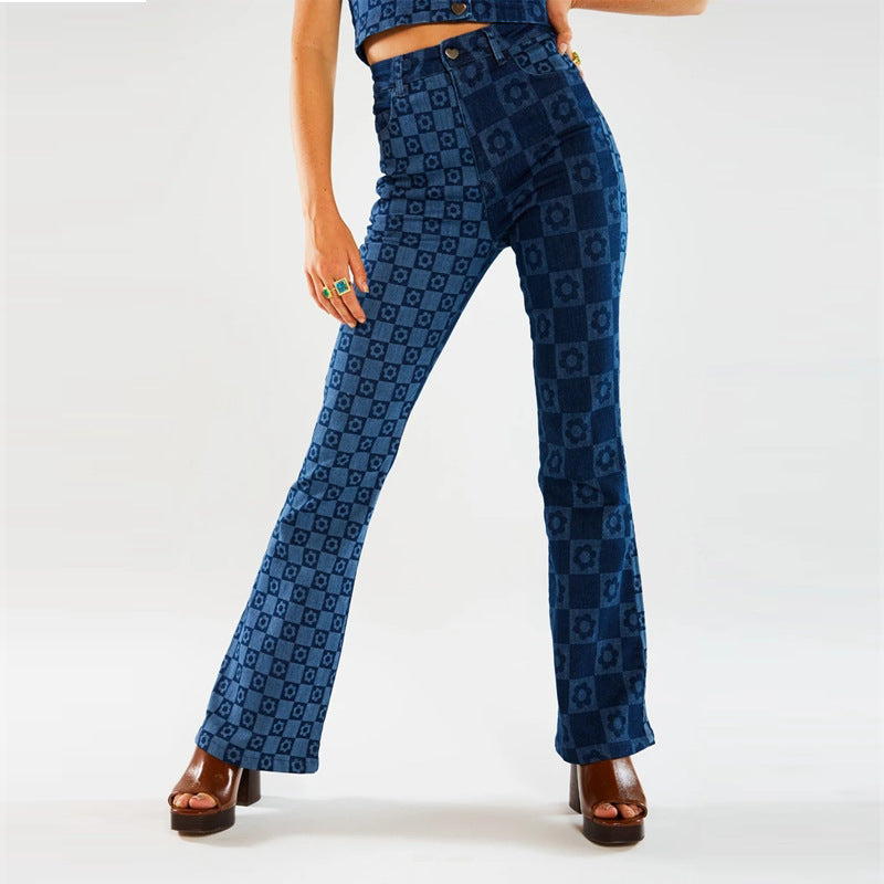 Spring new European and American fashion women's printed yin-yang two-color washed slim fit denim wide leg pants