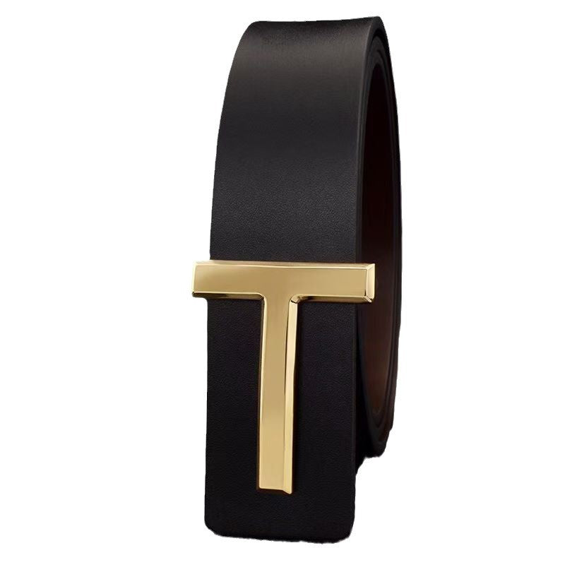 Leather belt, smooth buckle, fashionable and versatile T-buckle belt, men's 3.8CM men's belt