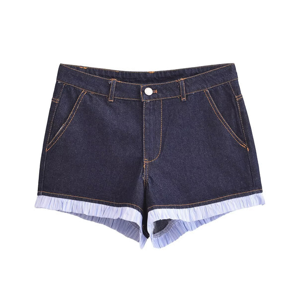 Splicing lace and visible thread decoration casual denim shorts for women