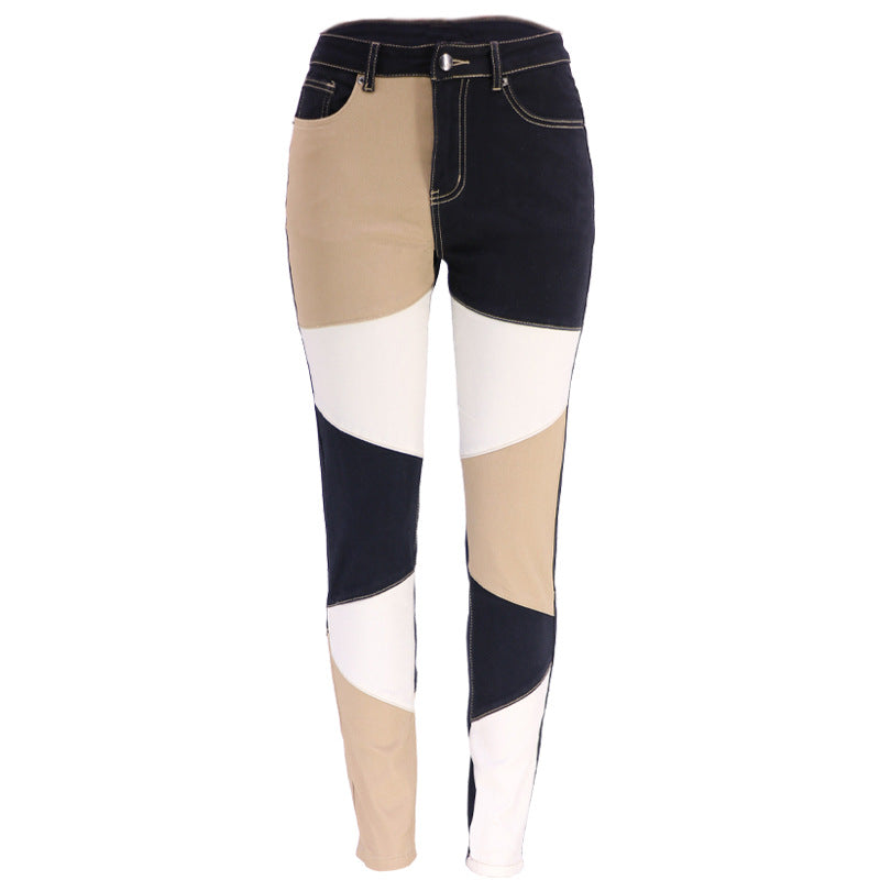 Autumn new blue and black two-color splicing trendy cotton washed denim high waisted plus size women's clothing