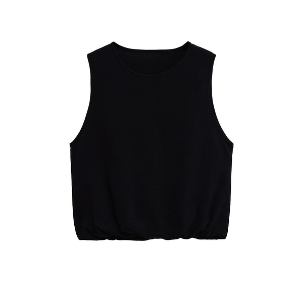 Round neck sleeveless puffy hem knitted T-shirt top for women