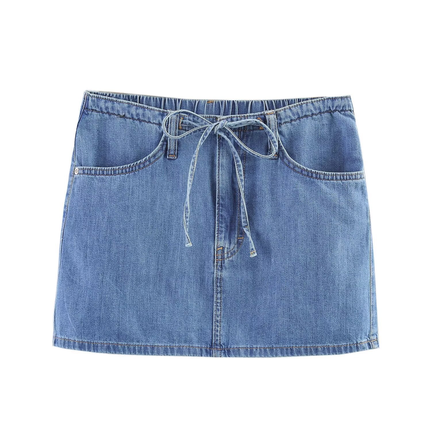 Elastic waistband lace up hip hugging denim skirt for women
