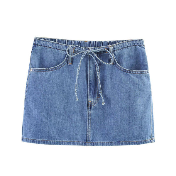 Elastic waistband lace up hip hugging denim skirt for women