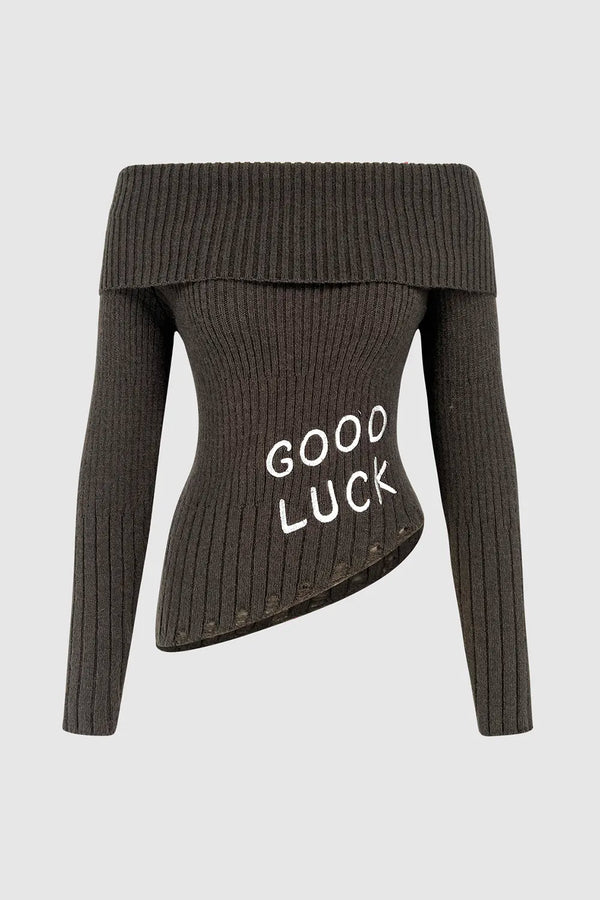 One shoulder autumn/winter sweater goodbuck letter slim fit top versatile diagonal hem