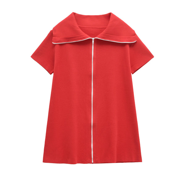 Solid color lapel zipper short knit dress