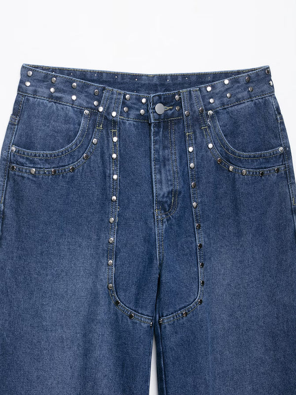 Women's European and American style studded embroidered straight leg jeans