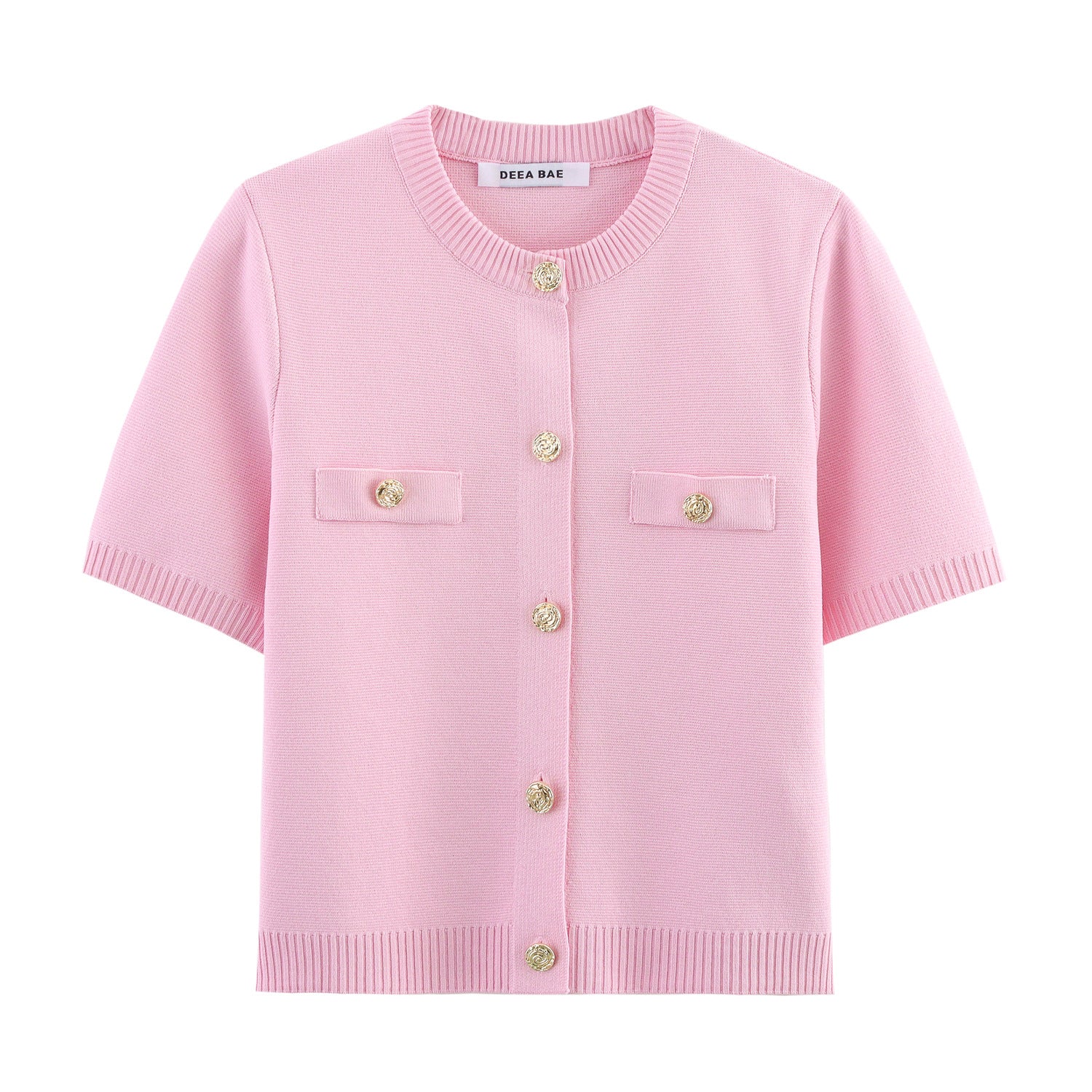 Round neck short sleeved button up knitted sweater top for women