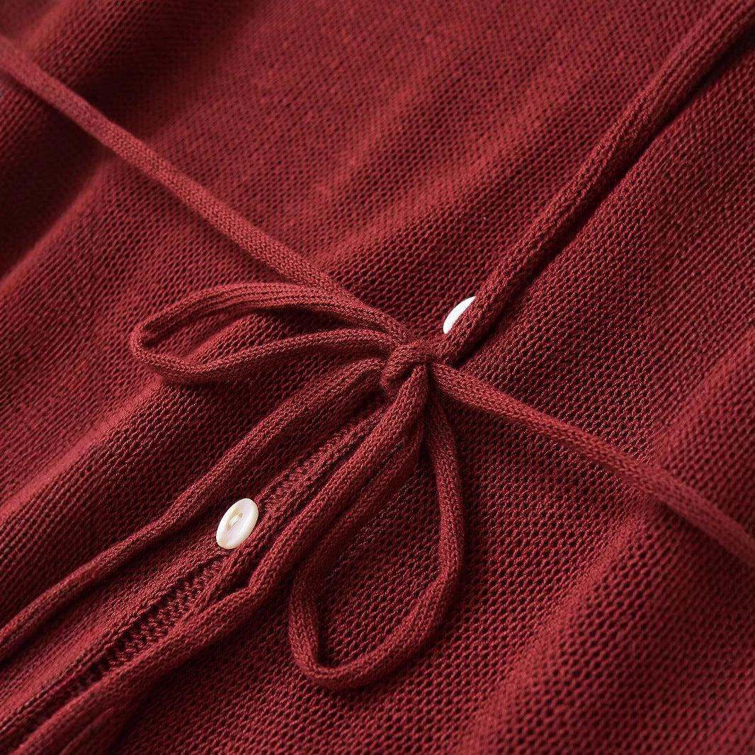 V-neck single breasted waistband tied knit jacket for women