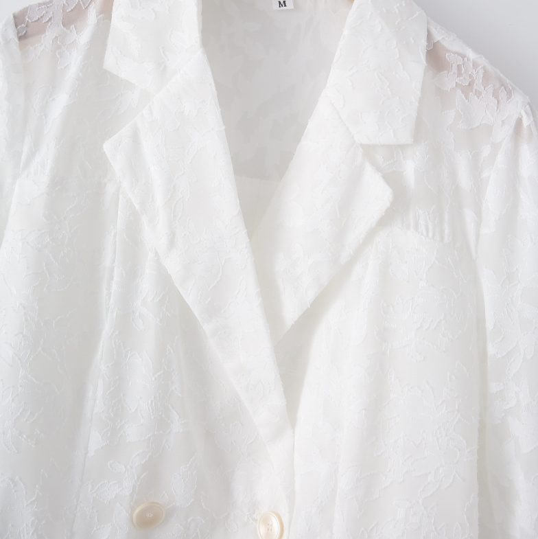 Women's European and American style lapel long sleeved double breasted semi transparent chiffon suit