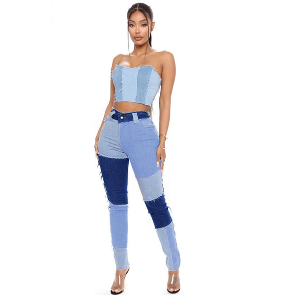 Autumn new super elastic high waisted tassel pencil slim fit women's denim pants