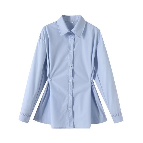 Button up waist fold long sleeved shirt top for women