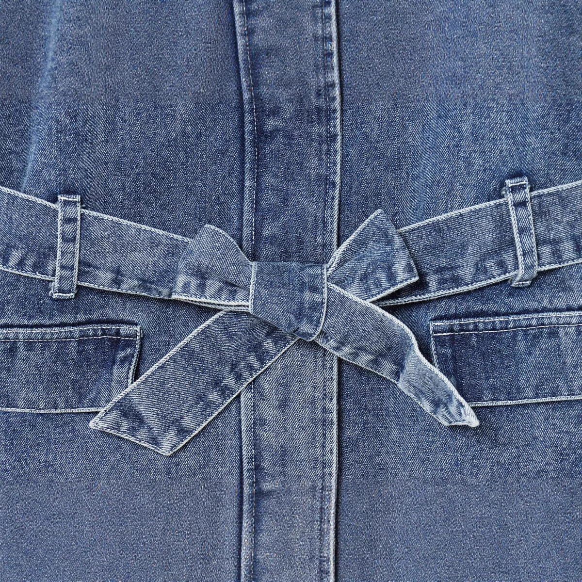 Waist tied long sleeved denim jacket top for women