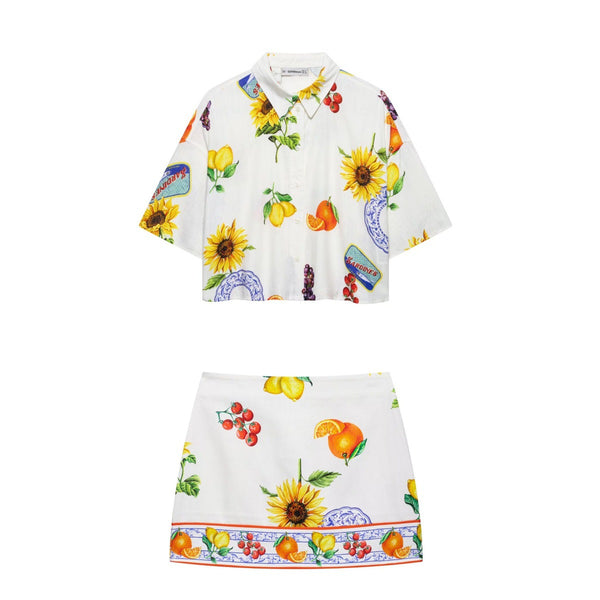 Short printed shirt+printed skirt set for women