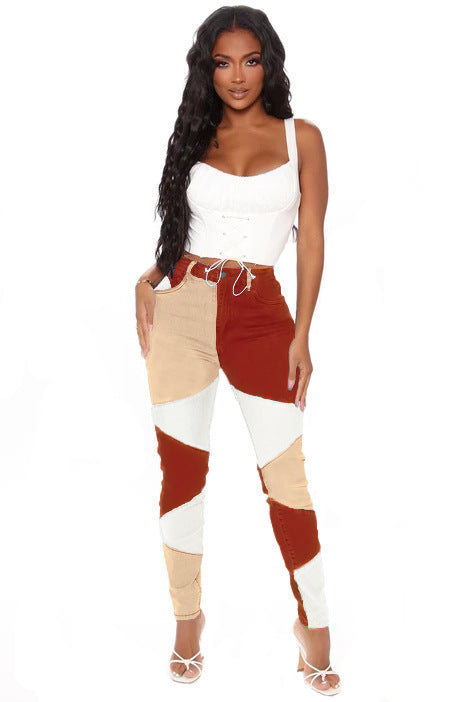 Autumn new blue and black two-color splicing trendy cotton washed denim high waisted plus size women's clothing