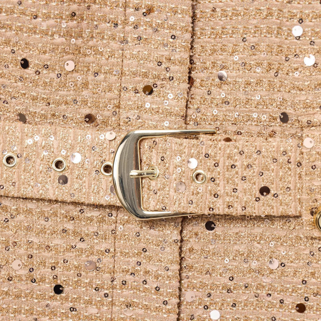 Round neck with belt pearl embellishment suit jacket for women