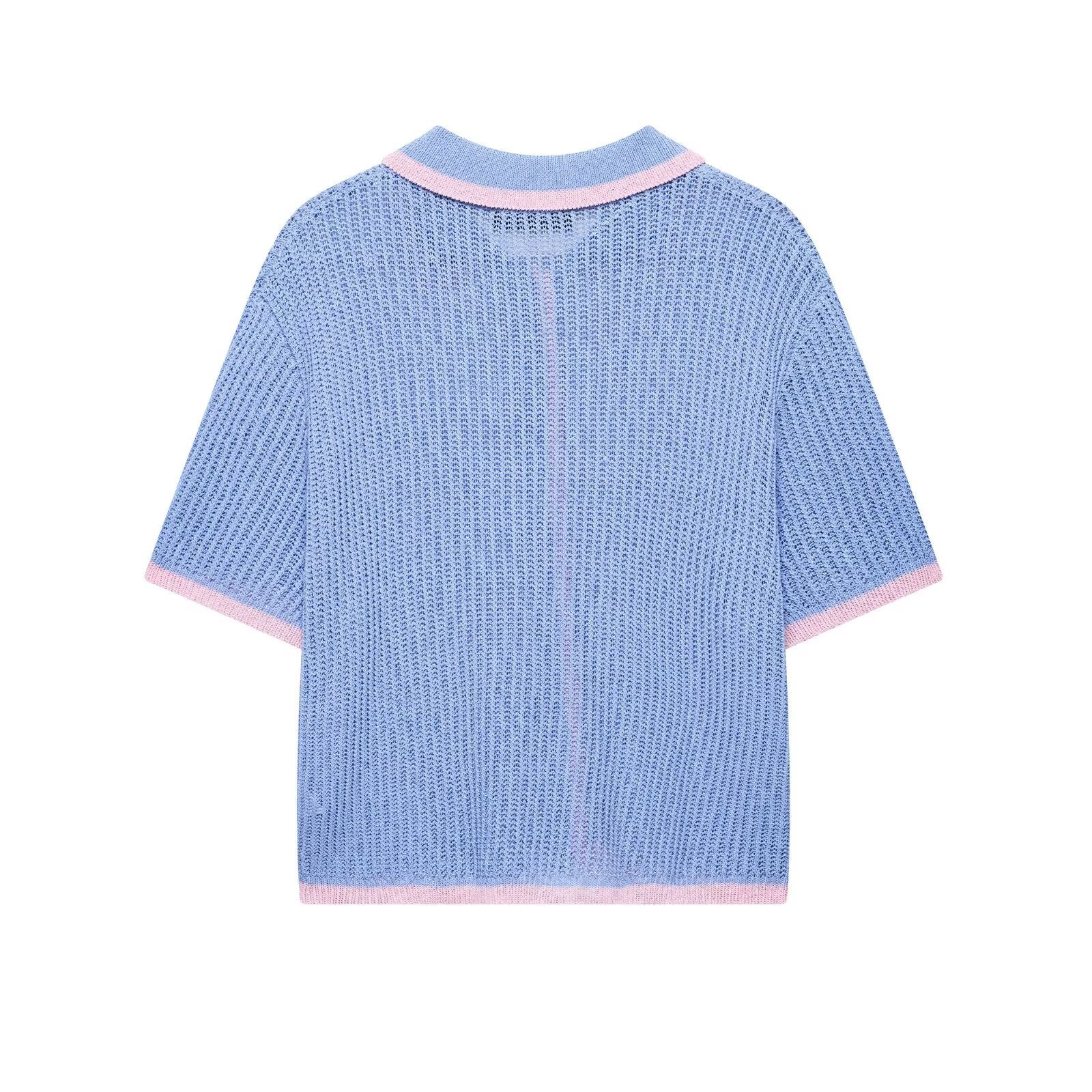 Color blocking knitted top+knitted shorts set for women