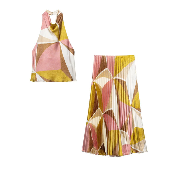 Printed neck top+printed skirt set for women