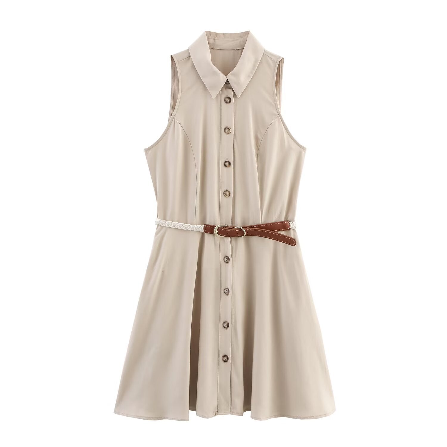 Women's collar sleeveless dress with belt and shirt style dress