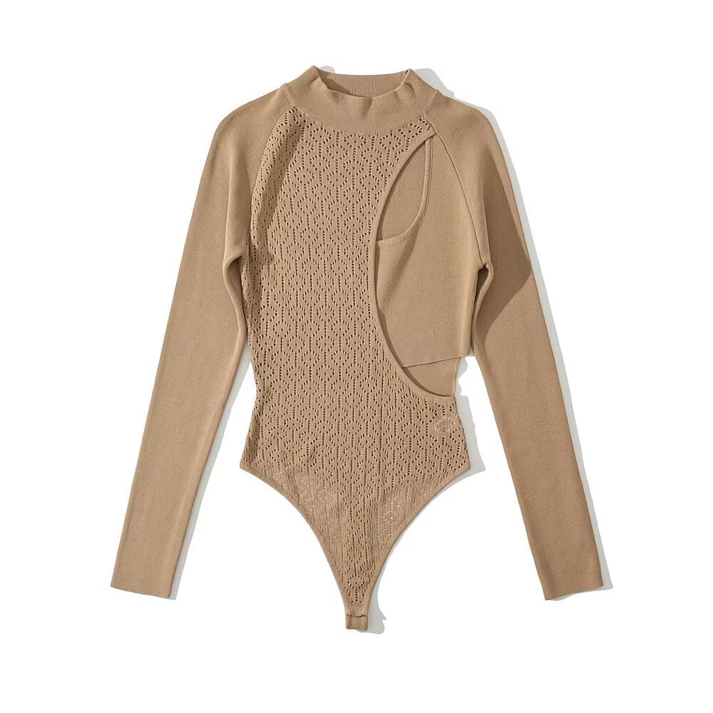 Round neck long sleeved two side hollow knitted jumpsuit/pants for women