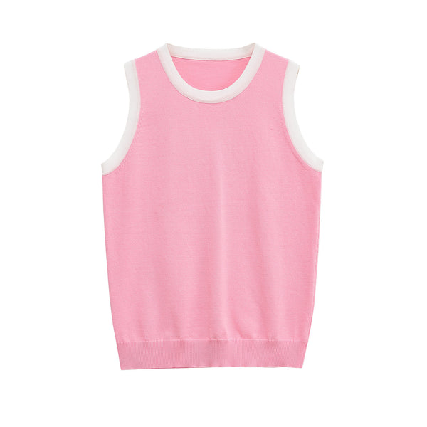 Striped contrasting round neck sleeveless knitted T-shirt top for women