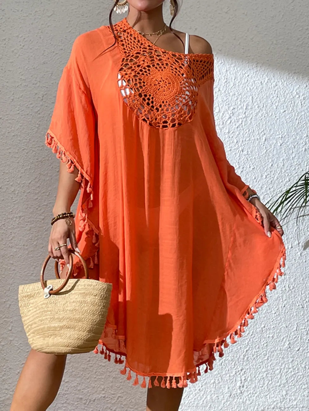 Beach Hoodie Hook Flower Splicing Tassel Swimsuit Bikini Outfit