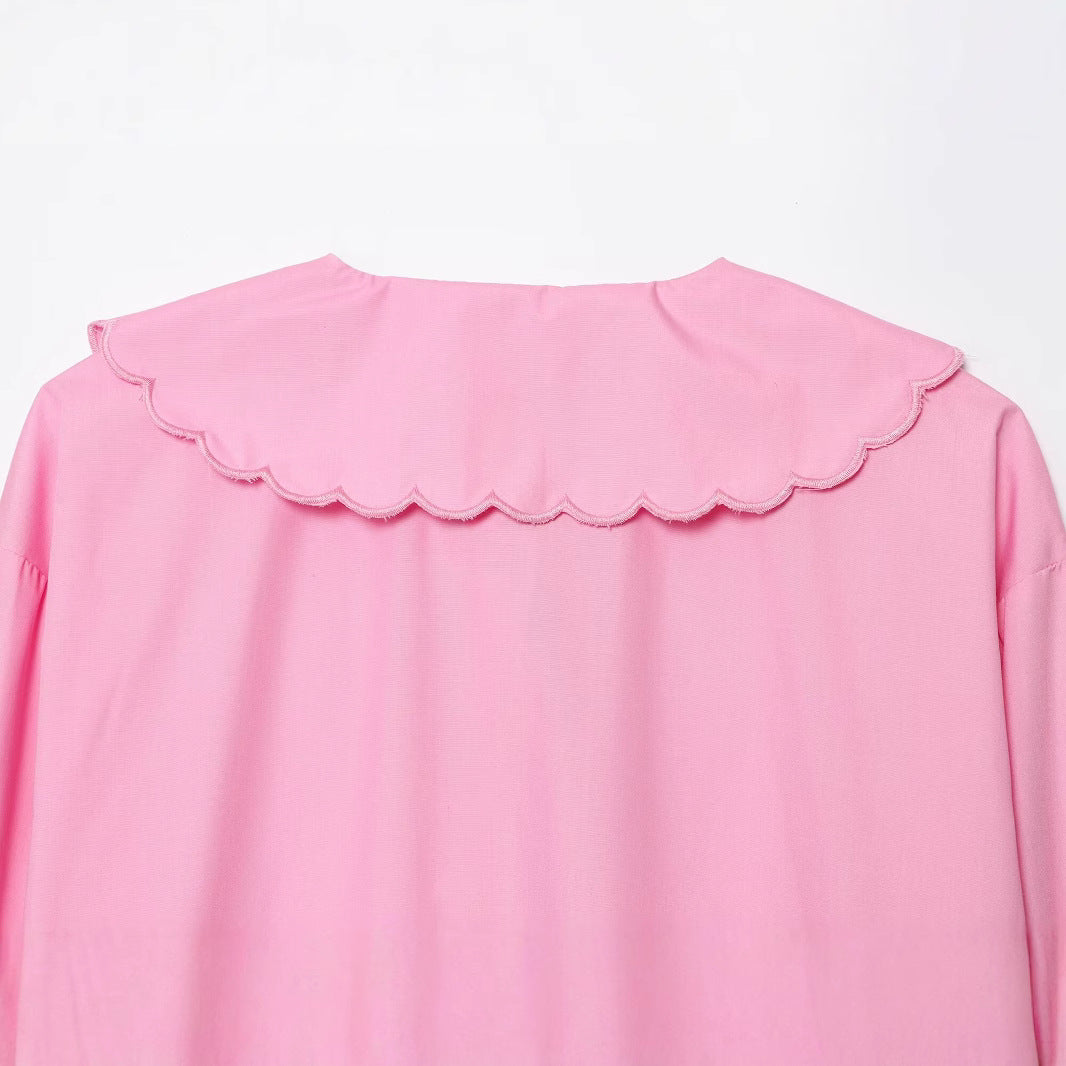 Doll collar single breasted long sleeved embroidered shirt top for women