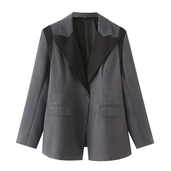 Color blocked lapel long sleeved suit jackt for women