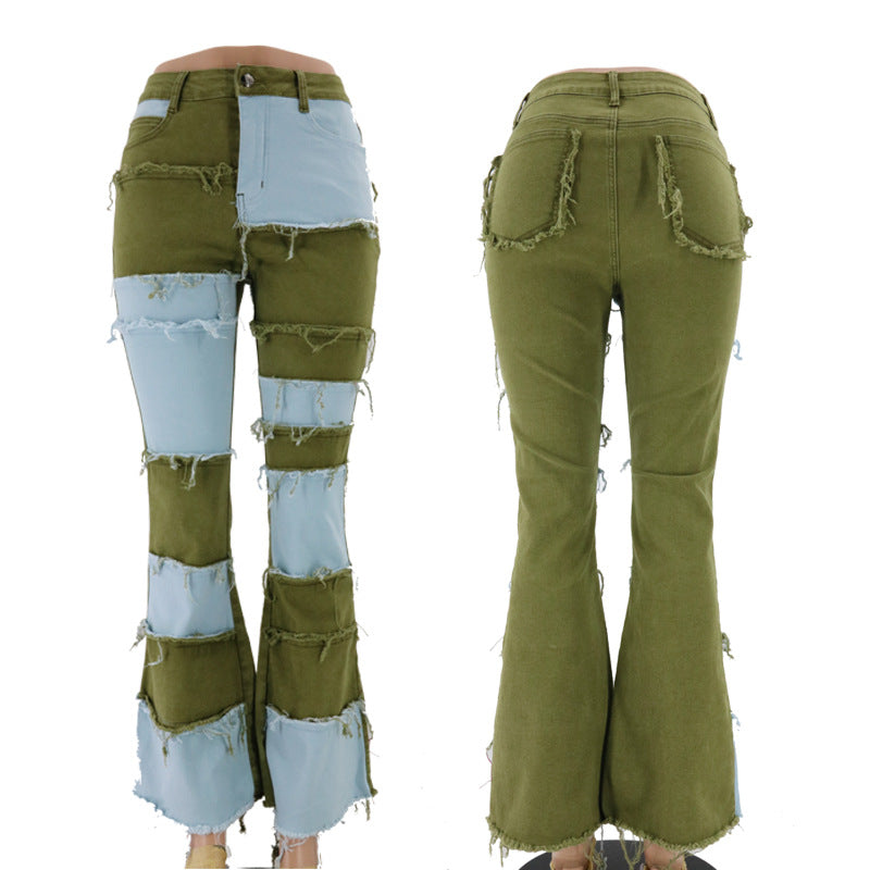 European and American autumn new fashion color blocking patchwork high waist tight hip horn women's denim pants
