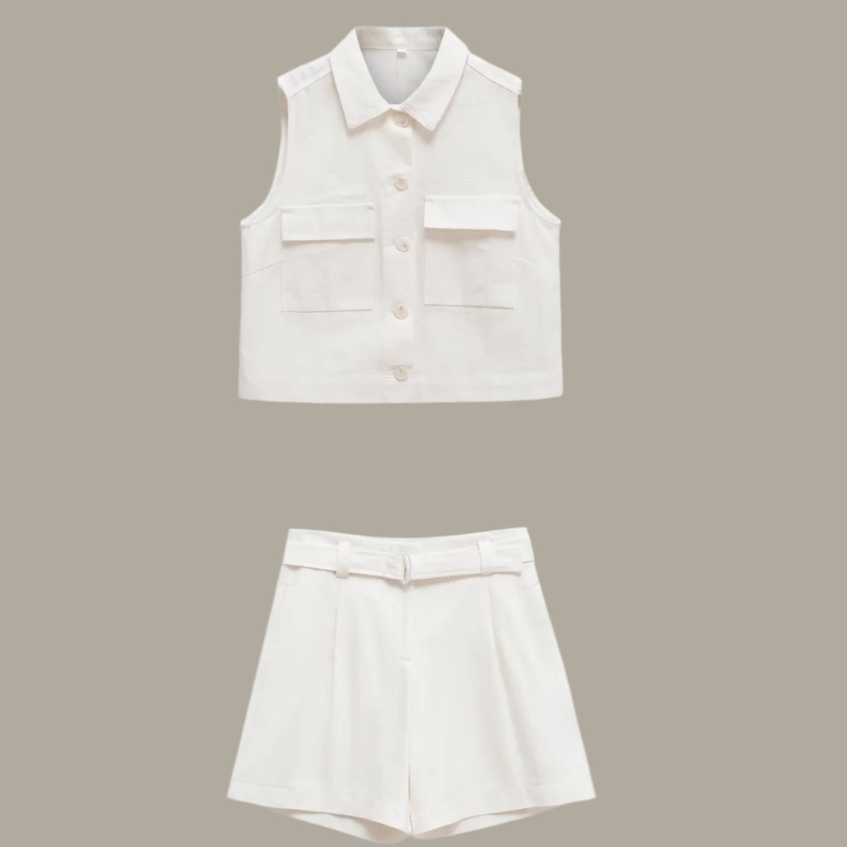 Women's collar sleeveless vest set with waist belt and shorts