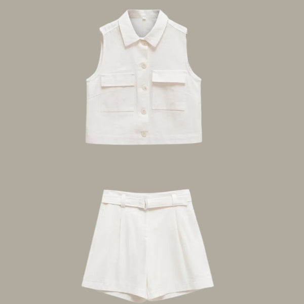 Women's collar sleeveless vest set with waist belt and shorts