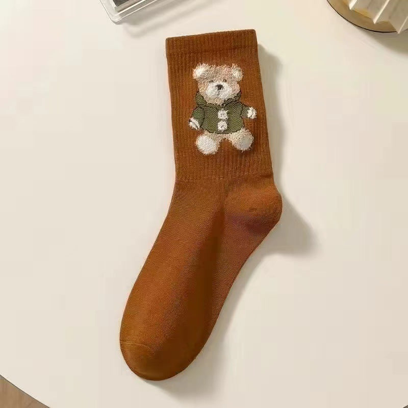Little Bear Socks, Children's Middle Socks, Spring and Autumn Ins Trendy, Cute, Versatile, Fresh Japanese Coffee Color, Outerwear Long Socks, Autumn a