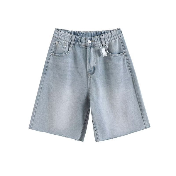 Elastic waist with frayed edges loose denim straight leg shorts for women