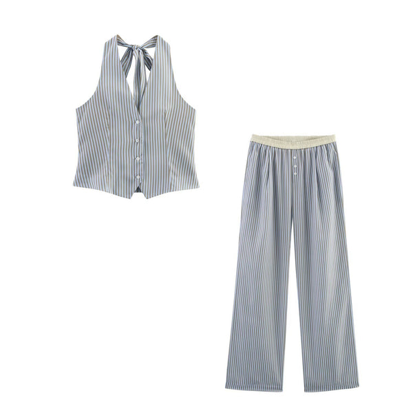 Fashion casual striped halter neck vest style top+pants set for women