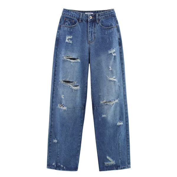 Versatile hole decoration wide leg jeans for women