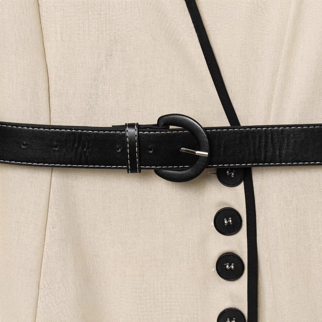 V-neck sleeveless contrasting color belt vest style dress for women