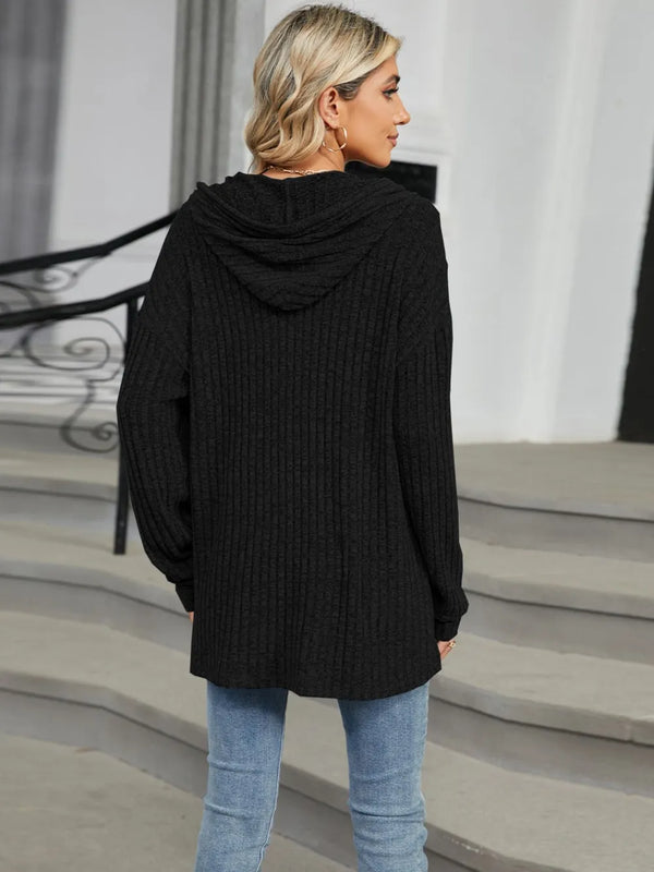 Autumn and winter new solid color hooded button loose long sleeved top