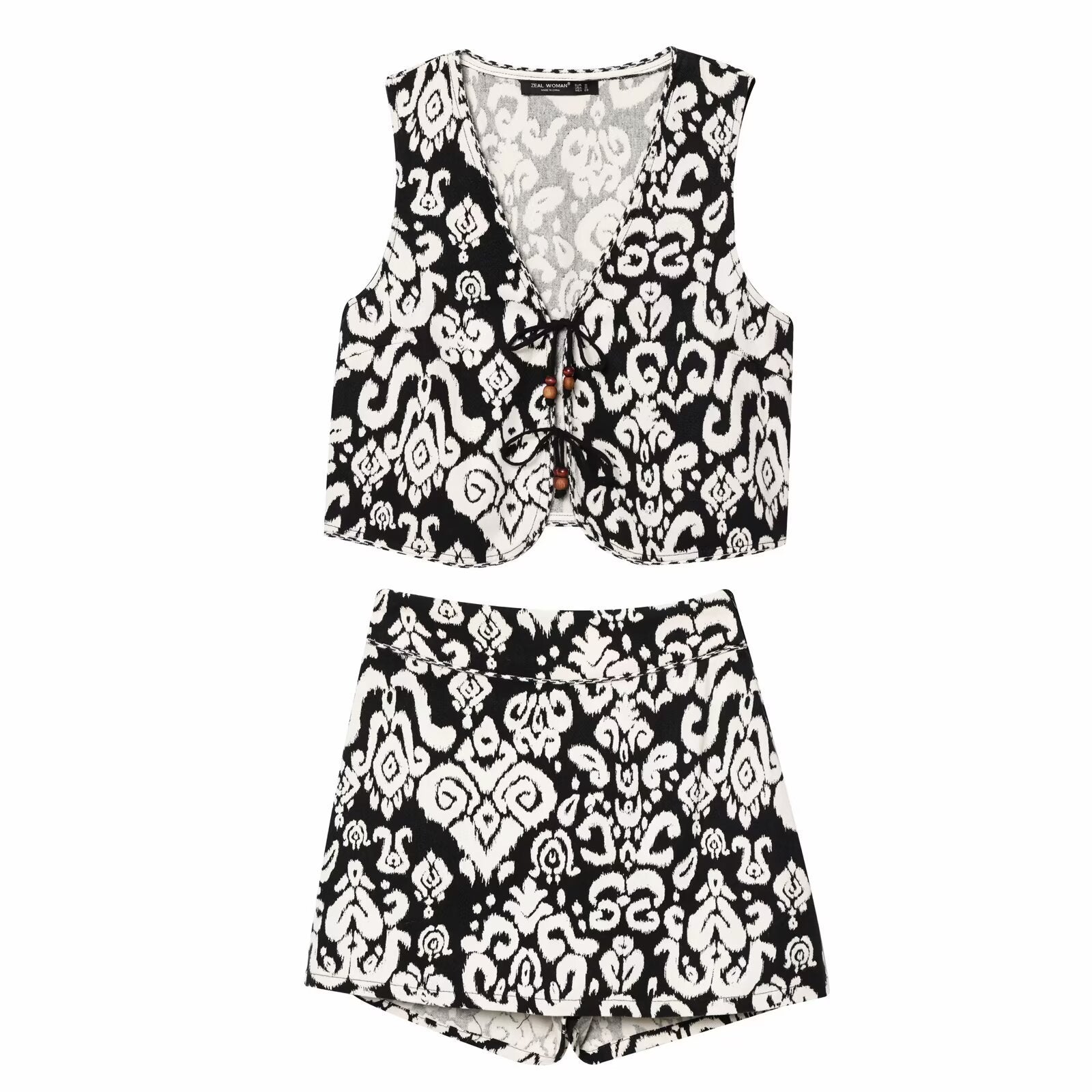 Printed V-neck vest+printed shorts set for women