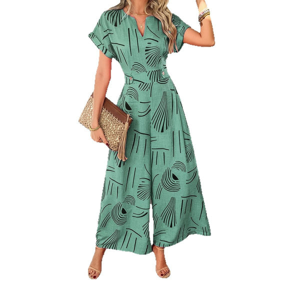 Printed casual vacation style waist cinching short sleeved wide leg jumpsuit long pants